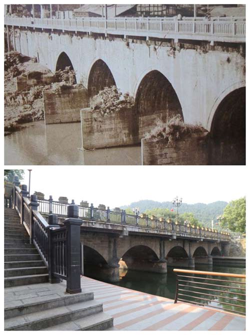 石龙桥，横跨在湘江河上，河东边是纪念广场和红军烈士陵园，河西边是遵义会议会址、纪念公园、纪念中学(今遵义四中)，将湘江两岸的纪念建筑连接成一片有机的整体。