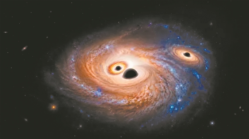 由AI生成的遥远星系可视化图像，除了尘埃、气体和年轻恒星外，还包含3个巨大的活跃黑洞（未按比例绘制），并拥有明亮的吸积盘。图片来源：马克斯·普朗克学会网站