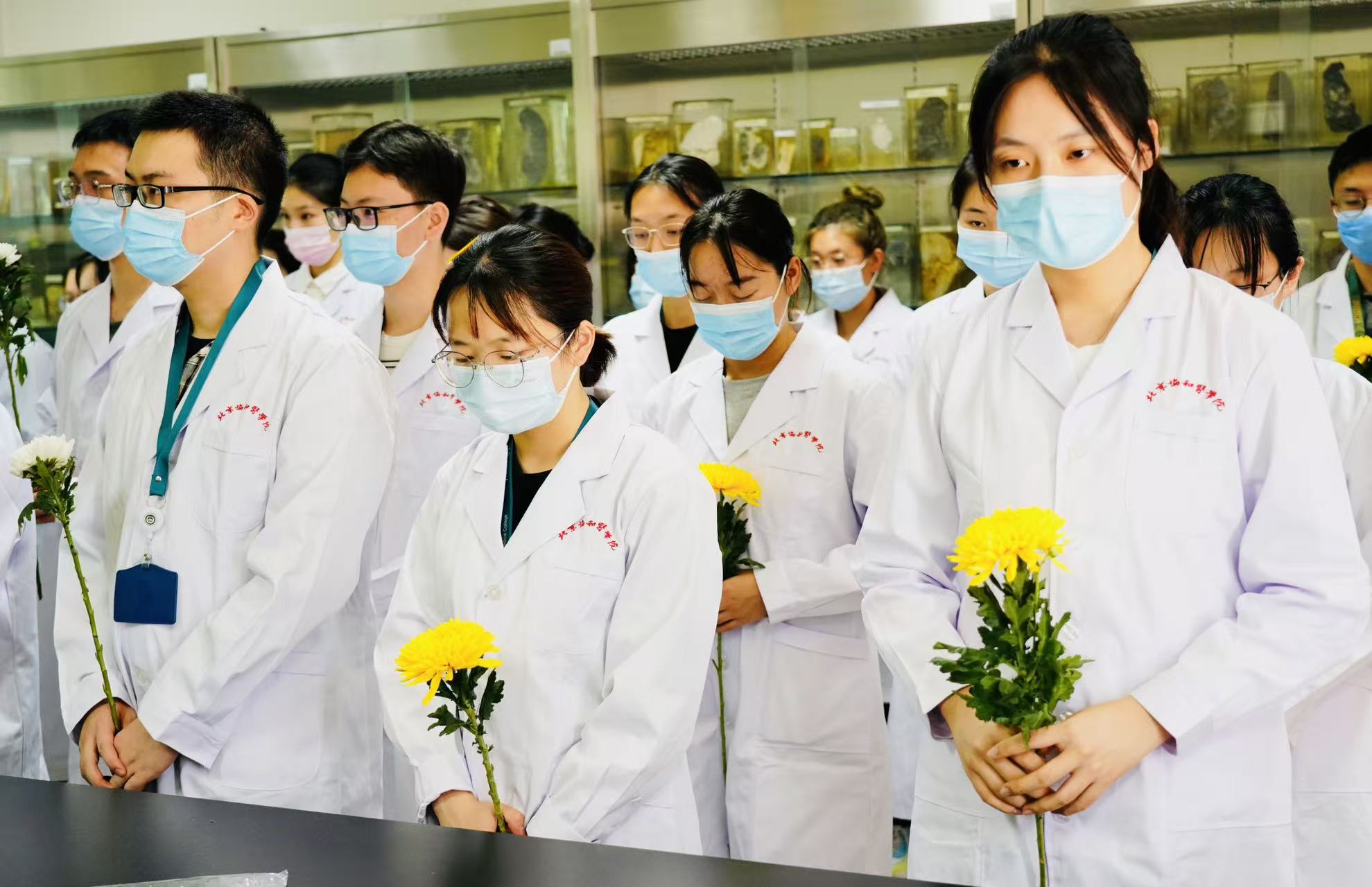 人体解剖学开课仪式上,身着白大褂的医学生手捧菊花,向“大体老师”肃立致敬。