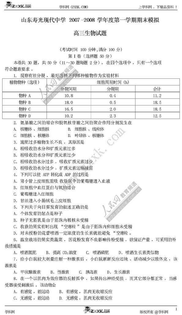 山东寿光现代中学08届高三试题集(生物)--教育