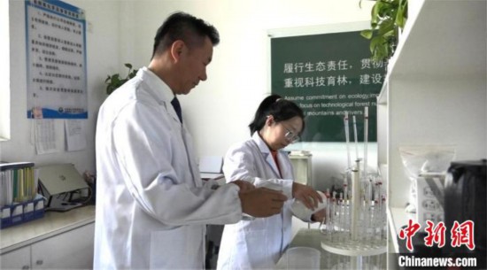 图为王佐(左一)在厂区实验室内责任。白先森 摄