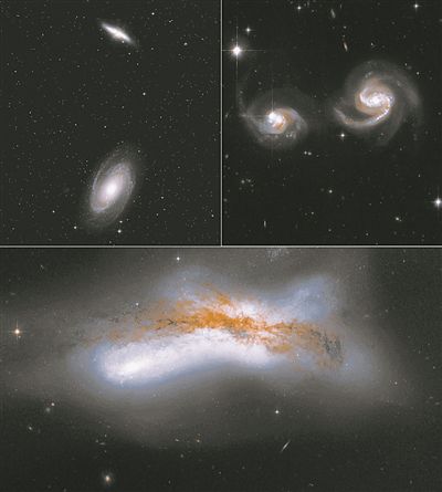 銀河系與仙女星系未來3種可能的碰撞情景。左上：兩星系擦肩而過。右上：兩星系逐漸靠近並發生近距離接觸。下圖：兩星系發生碰撞。圖片來源:NASA/ESA
